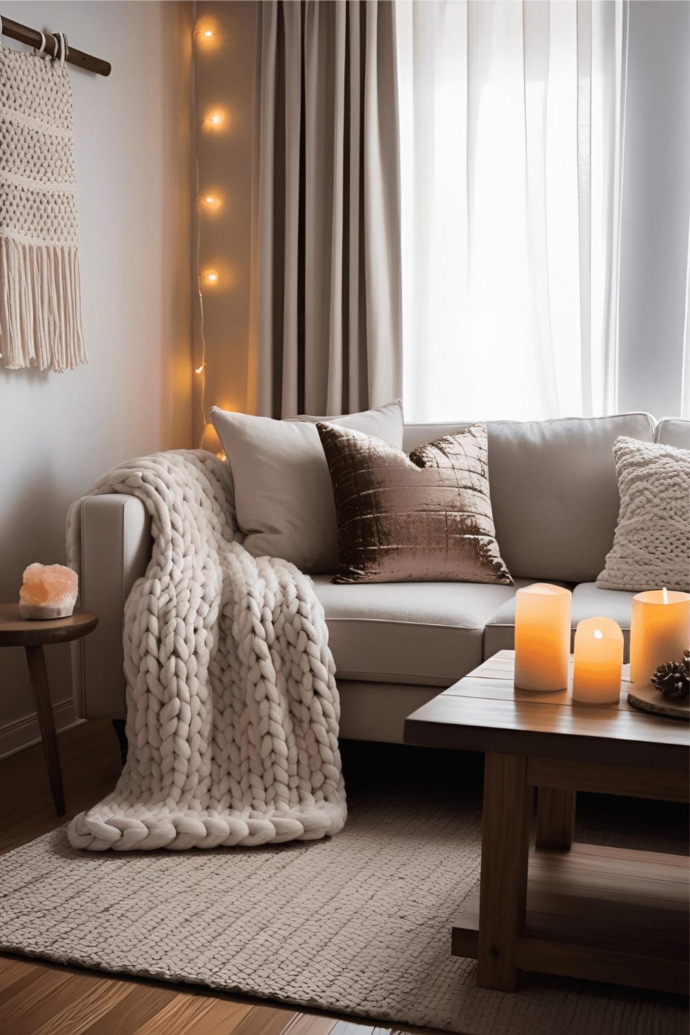 Cozy home decor with warm lighting, layered textures, and personal touches – Pin this inviting home idea for later!