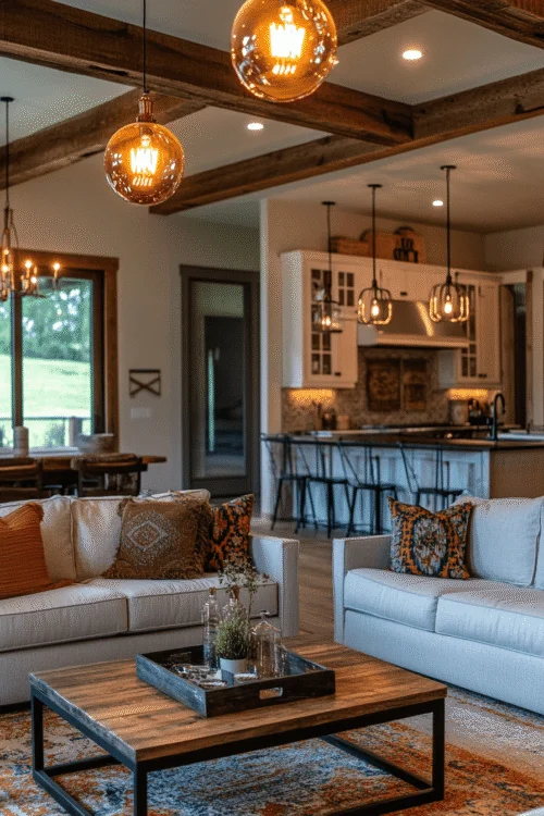 Barndominium decor ideas that turn open spaces into cozy, lived-in homes. Pin this warm and rustic home style inspiration for later!