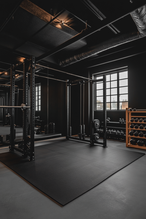 Black garage gym with natural light, matte black weights, and warm wooden accents – a cozy, minimalist workout space that feels bold and lived-in.
