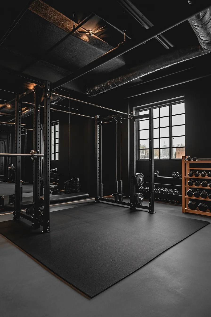 Black garage gym with natural light, matte black weights, and warm wooden accents – a cozy, minimalist workout space that feels bold and lived-in.