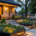 Front yard landscaping ideas with raised planters, stone edging, and cozy lighting – Pin this curb appeal upgrade for later!