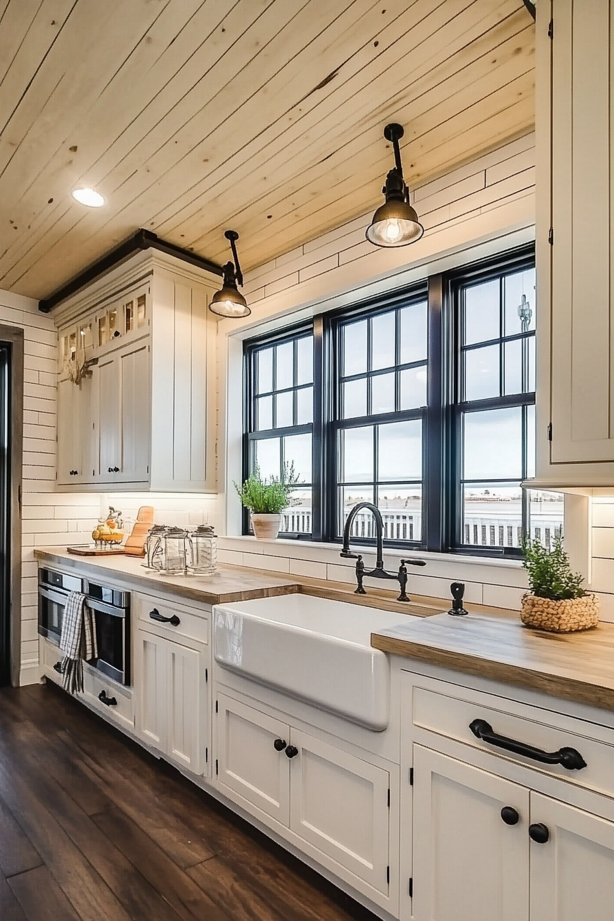Modern farmhouse kitchen with rustic charm and cozy lighting – Pin this cozy kitchen decor inspiration for later!