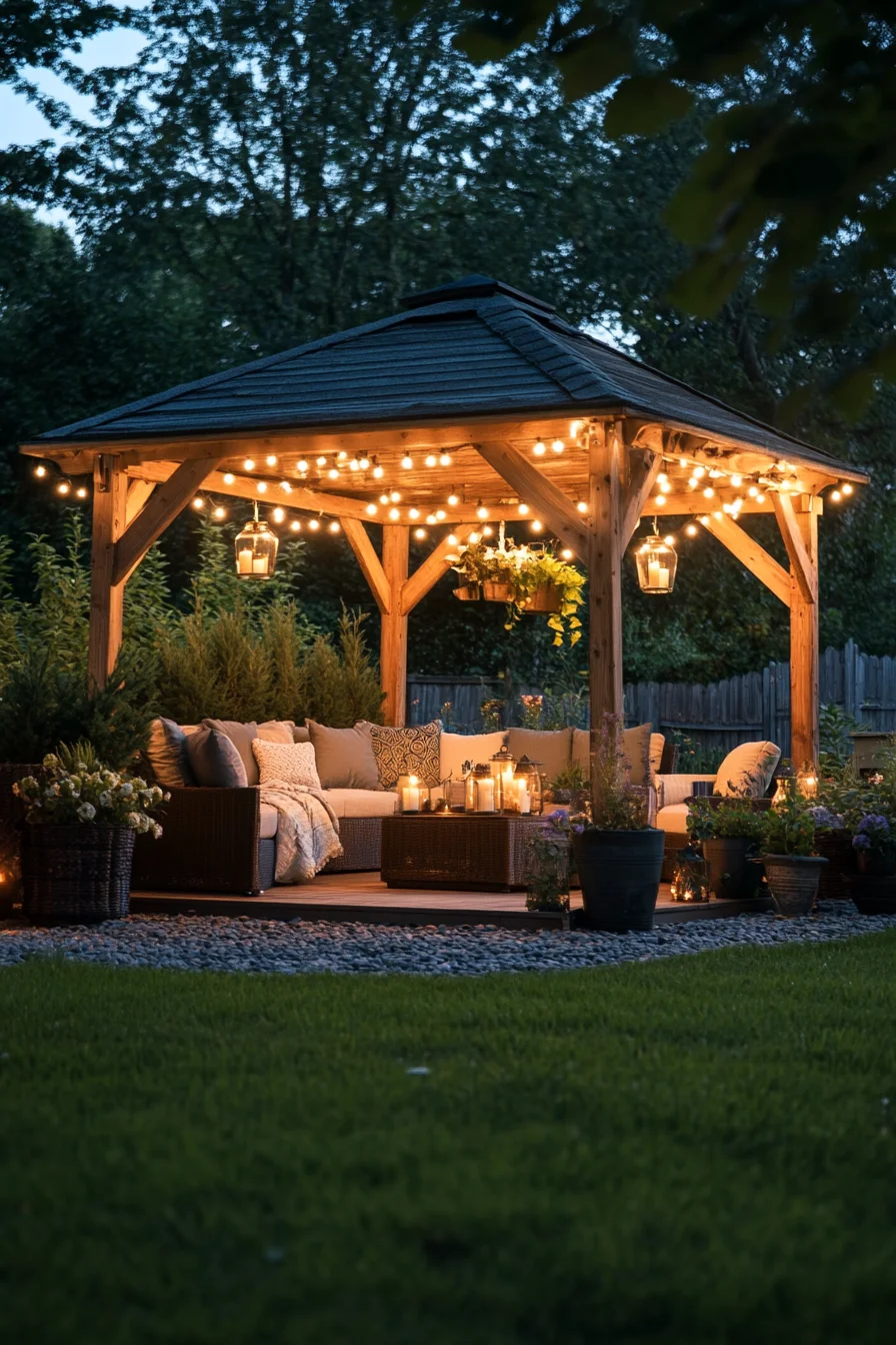 Best gazebo for backyard comfort with cozy seating, string lights, and golden hour glow—pin this dreamy outdoor setup for later!