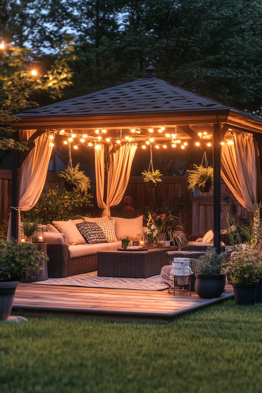 Cozy backyard canopy setup with modern gazebo and soft lighting—perfect inspo if you’re looking for the easiest gazebo to put up.