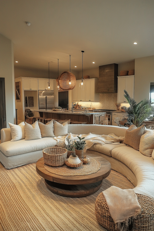 Living room decor trends 2025 – Save this cozy curved sofa and textured decor look for inspiration!