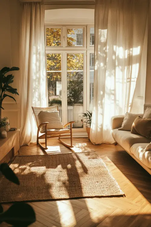 Best curtains for living room warmth – cozy apartment decor with soft cotton drapes and natural golden light, pin this for styling inspiration!
