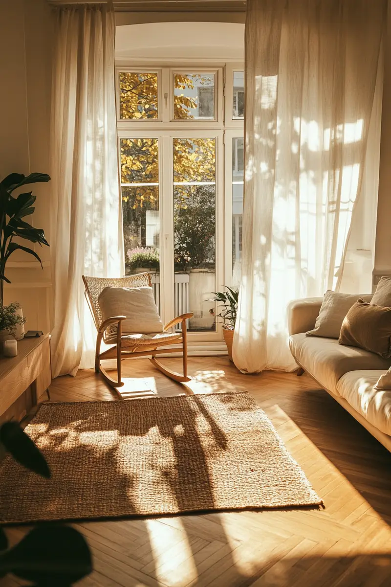 Best curtains for living room warmth – cozy apartment decor with soft cotton drapes and natural golden light, pin this for styling inspiration!