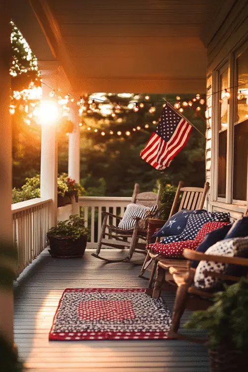 4th of July porch decor with cozy wicker seating, patriotic pillows, and a vintage-style welcome sign — pin this festive front porch idea for later!