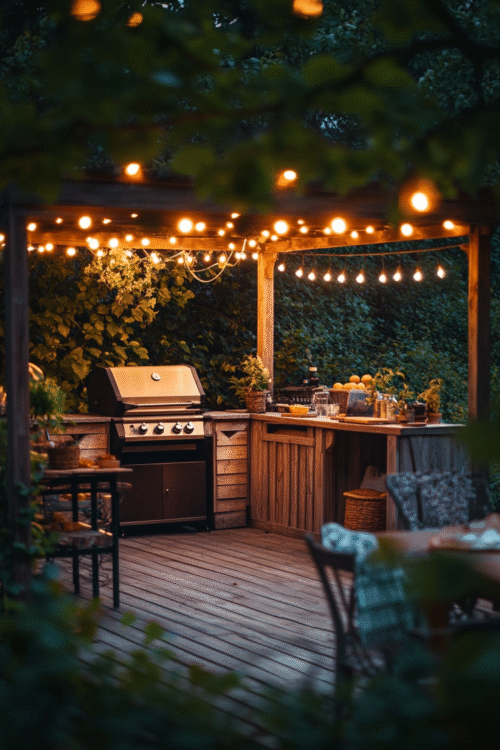 Backyard outdoor kitchen with modern grill and cozy lighting – save this warm and inviting patio kitchen idea for your next summer upgrade!