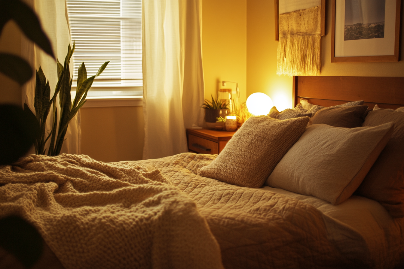 Tiny bedroom ideas with cozy neutral bedding, soft lighting, and a peaceful layout – Pin this warm small space setup for later!