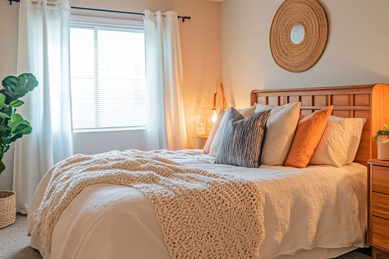 Modern small bedroom design with floating nightstands and light earth tones – a stylish example of how to decorate a tiny bedroom
