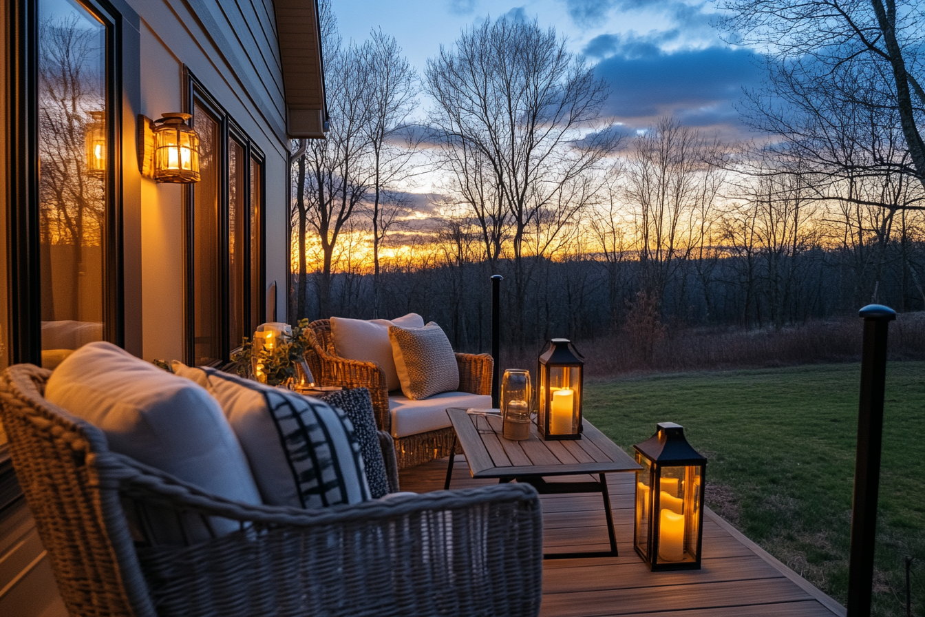 Warm outdoor porch lights at sunset with soft shadows and a lived-in vibe – save this cozy lighting inspiration.