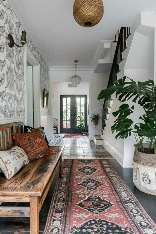 Eclectic home style entryway with layered rugs, patterned tile, wallpaper, and a mix of textures—save this for pattern mixing home decor inspiration.