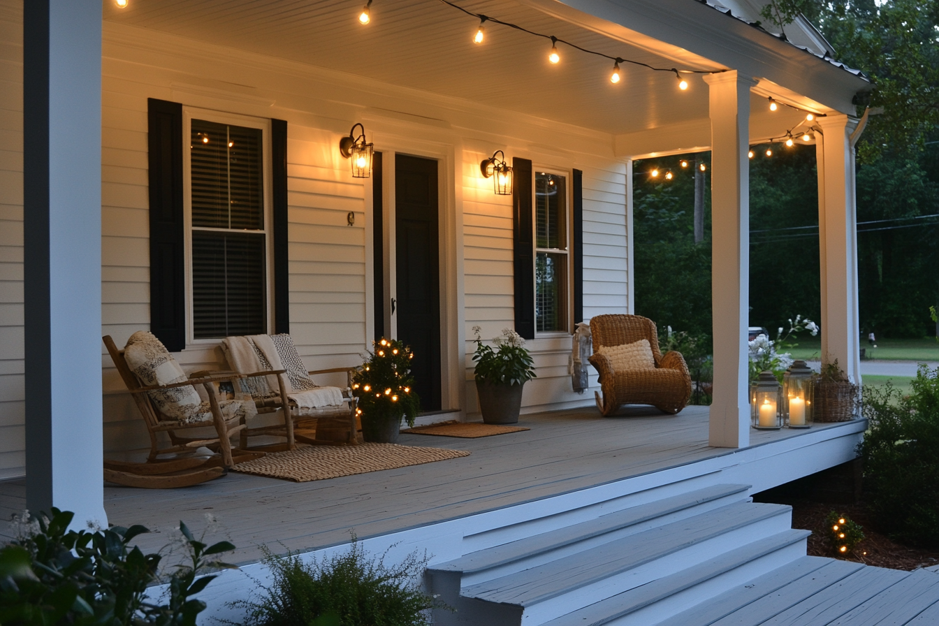 Small front porch with solar lights and rustic decor – porch lighting ideas that feel homey and intentional.