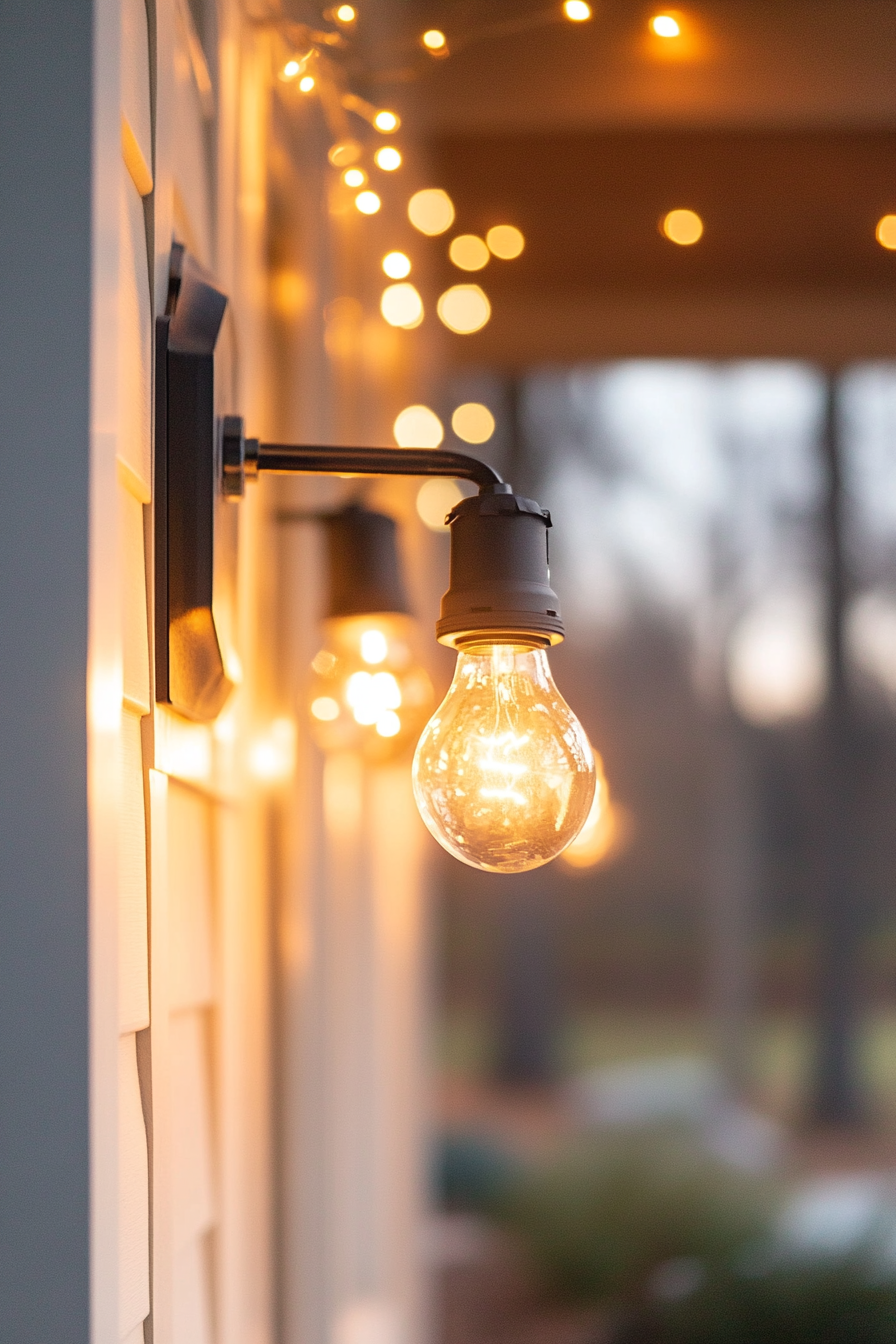 Close-up of cozy outdoor string lights and porch lighting details – a perfect front yard lighting idea to save for your next home refresh!