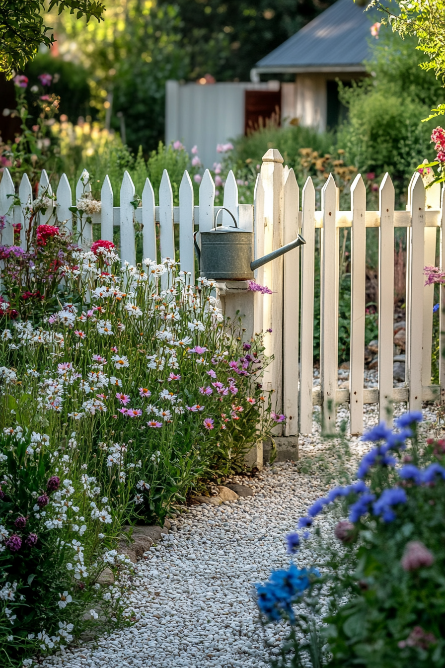 Rustic landscaping front yard with weathered stone path, wildflowers, and vintage iron bench – Pin this rustic curb appeal idea for later!