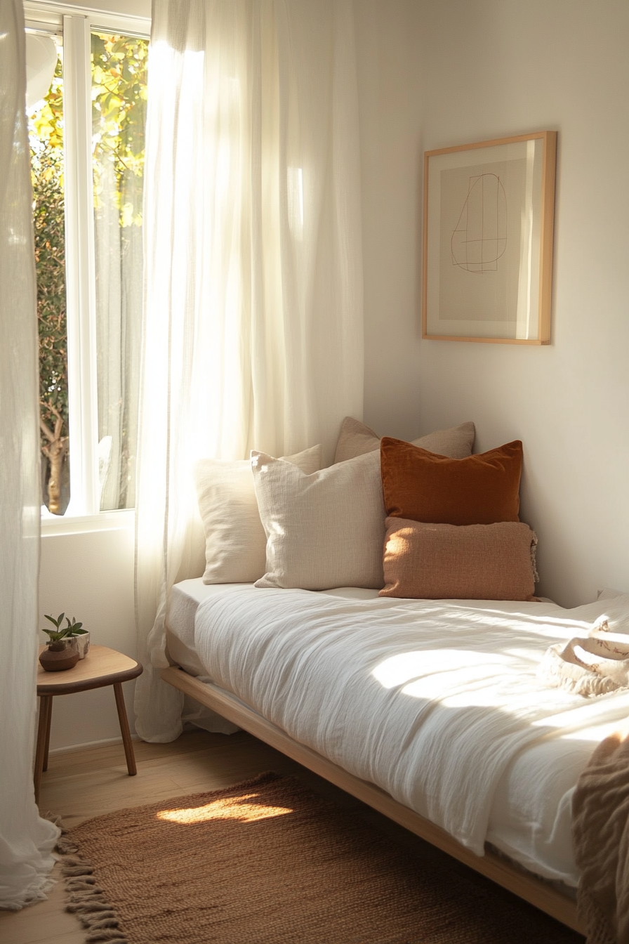 Cozy tiny bedroom idea with layered neutral bedding, soft lighting, and a calming vibe – Pin this for warm small space inspiration!